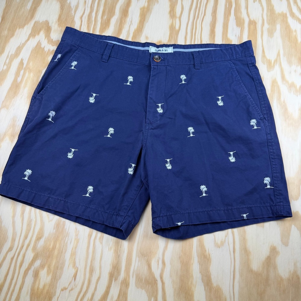 Crown & Ivy Mens Navy Blue Palm Tree Embroidered Chino Shorts Size 38 Tropical